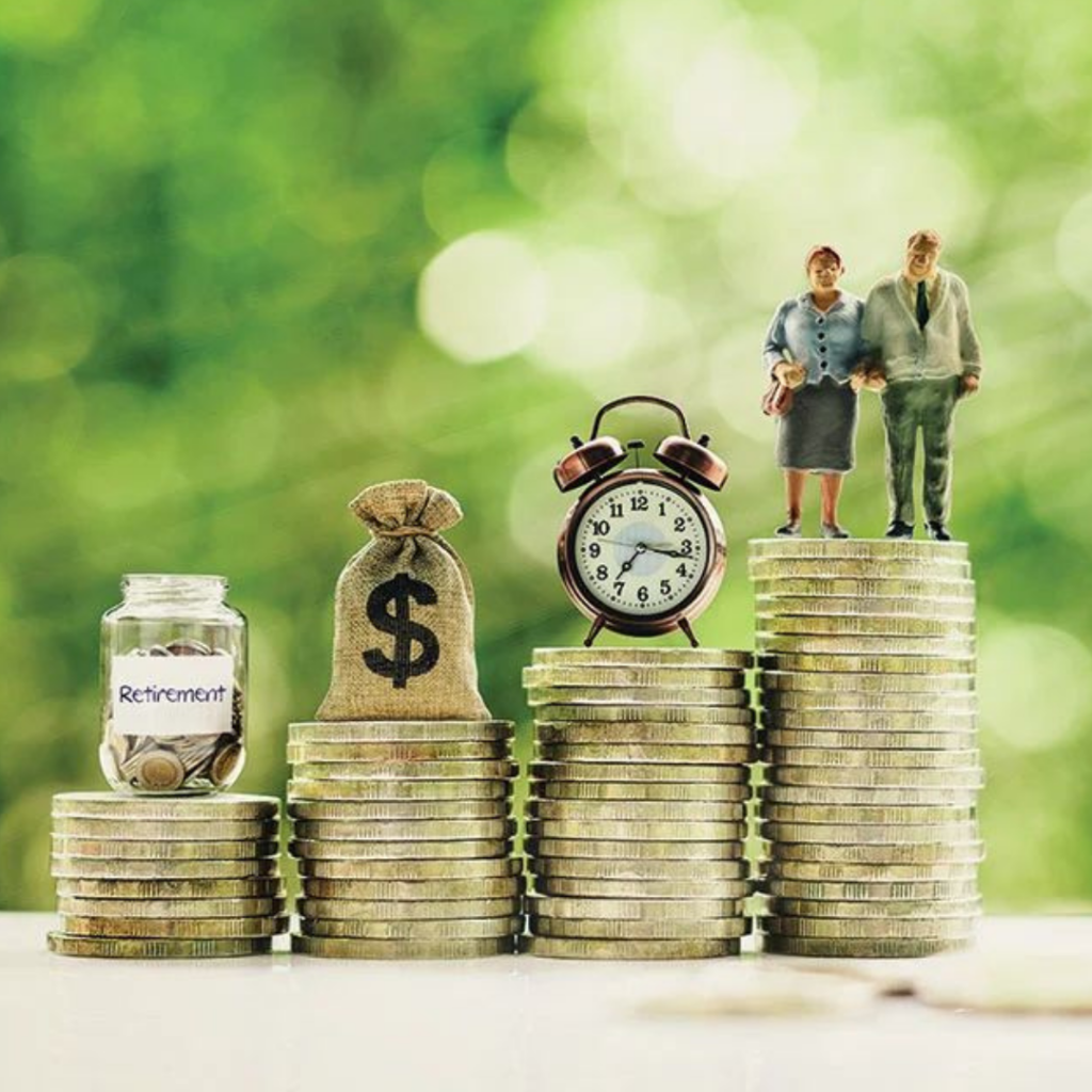 Stacked coins with a clock and family figures, symbolizing retirement savings planning and long-term financial security